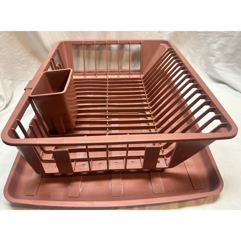 VTG 90s Y2K Dark Pink Dish Drainer Rack With Tray And Silverware Cup